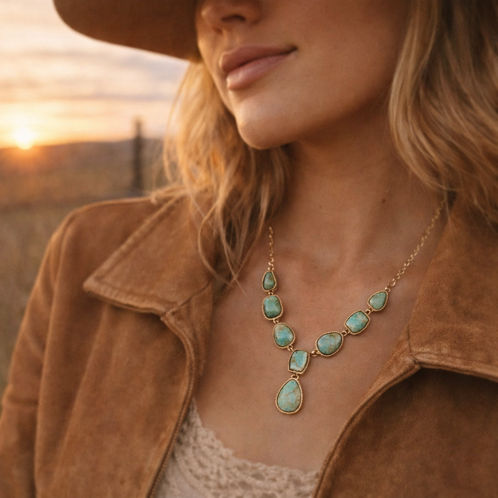 Genuine Blue Turquoise Roped Golden Bronze Y Necklace