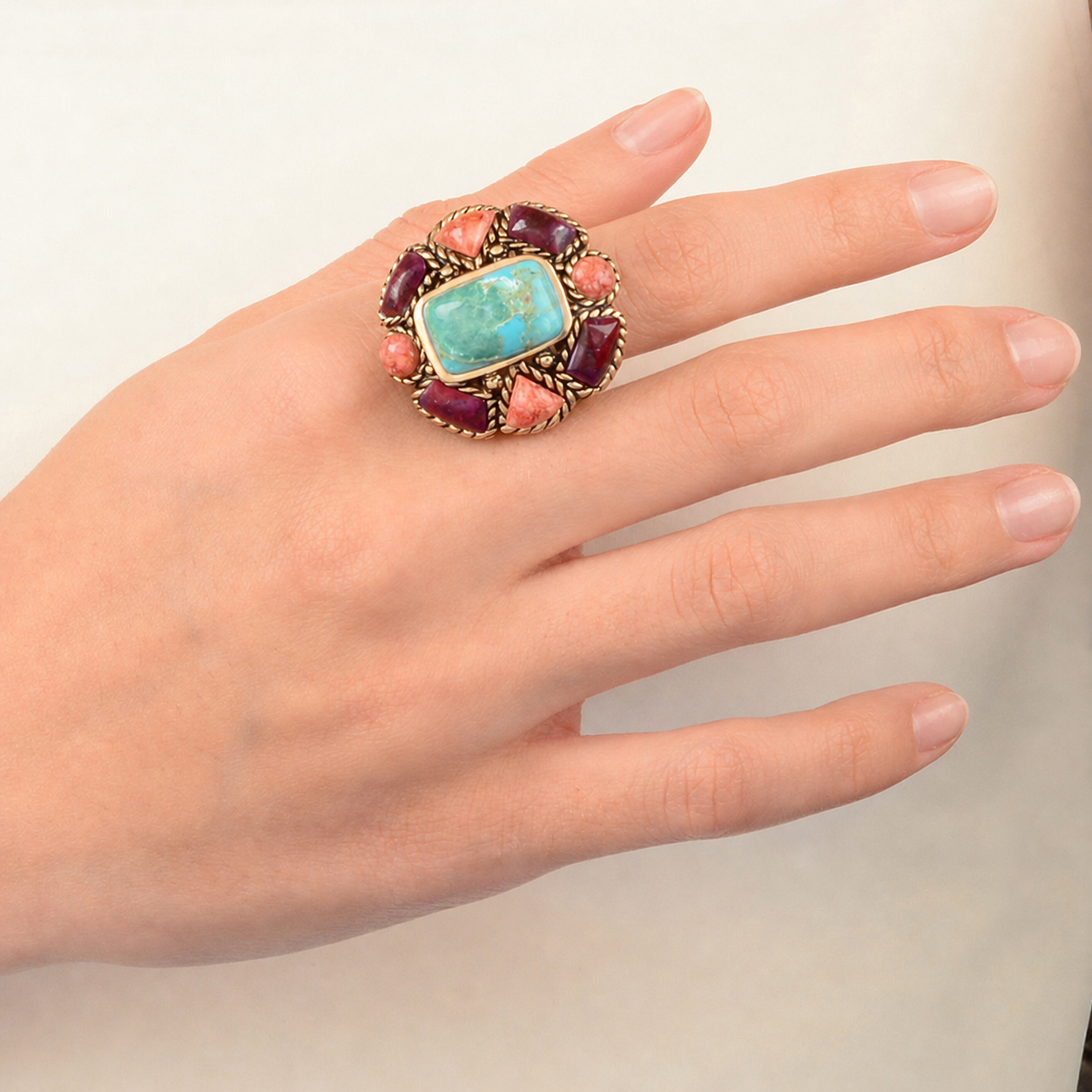 Blue Turquoise Colorful Floral Golden Ring