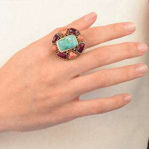 Blue Turquoise Colorful Floral Golden Ring