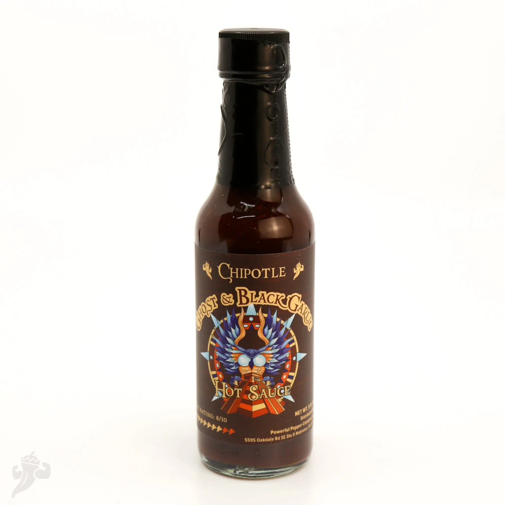 Bottle of Chipotle Ghost & Black Garlic Hot Sauce with a dragon-like graphic.