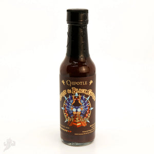 Bottle of Chipotle Ghost & Black Garlic Hot Sauce with a dragon-like graphic.