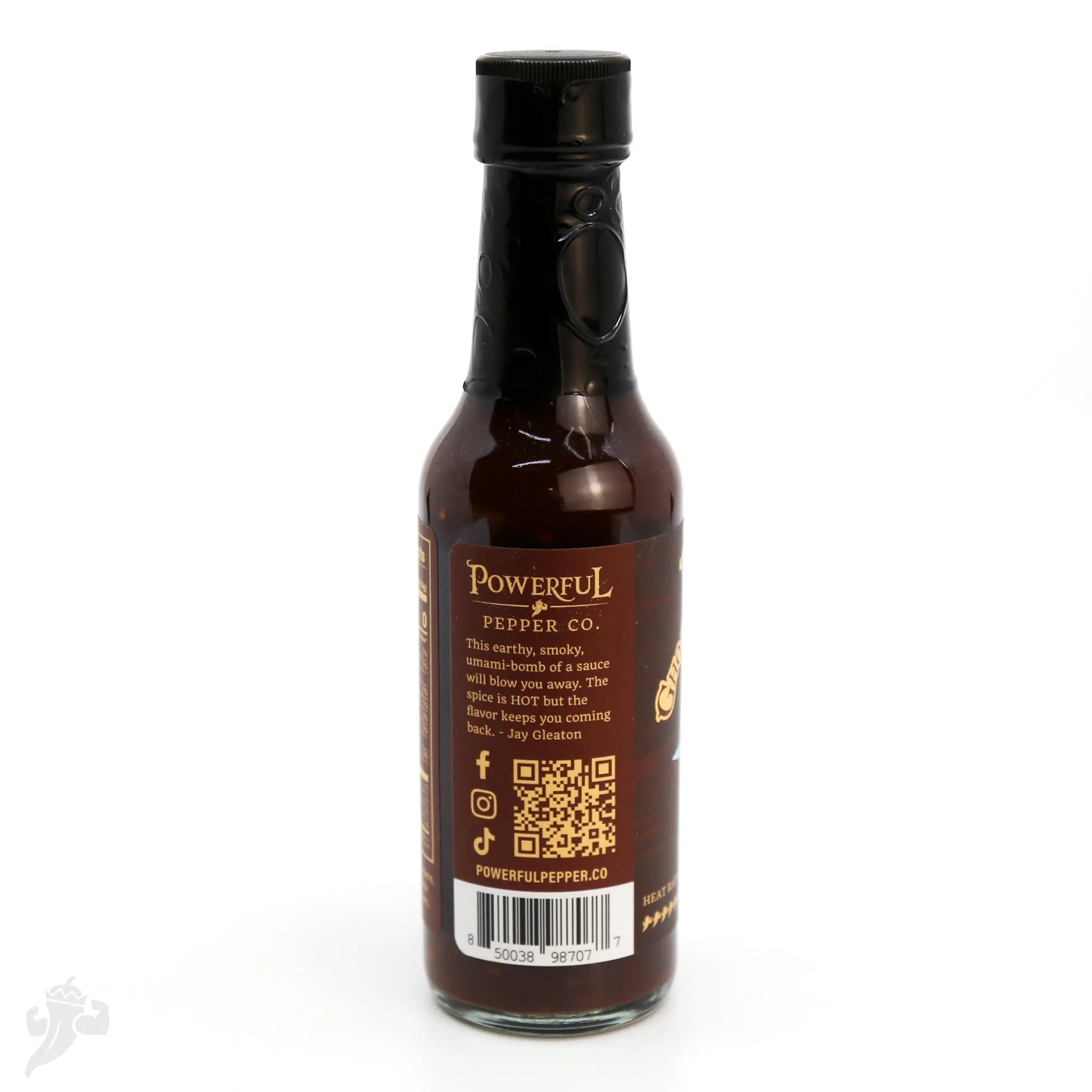 Back label of Powerful Pepper Co. Chipotle Ghost and Black Garlic hot sauce bottle.