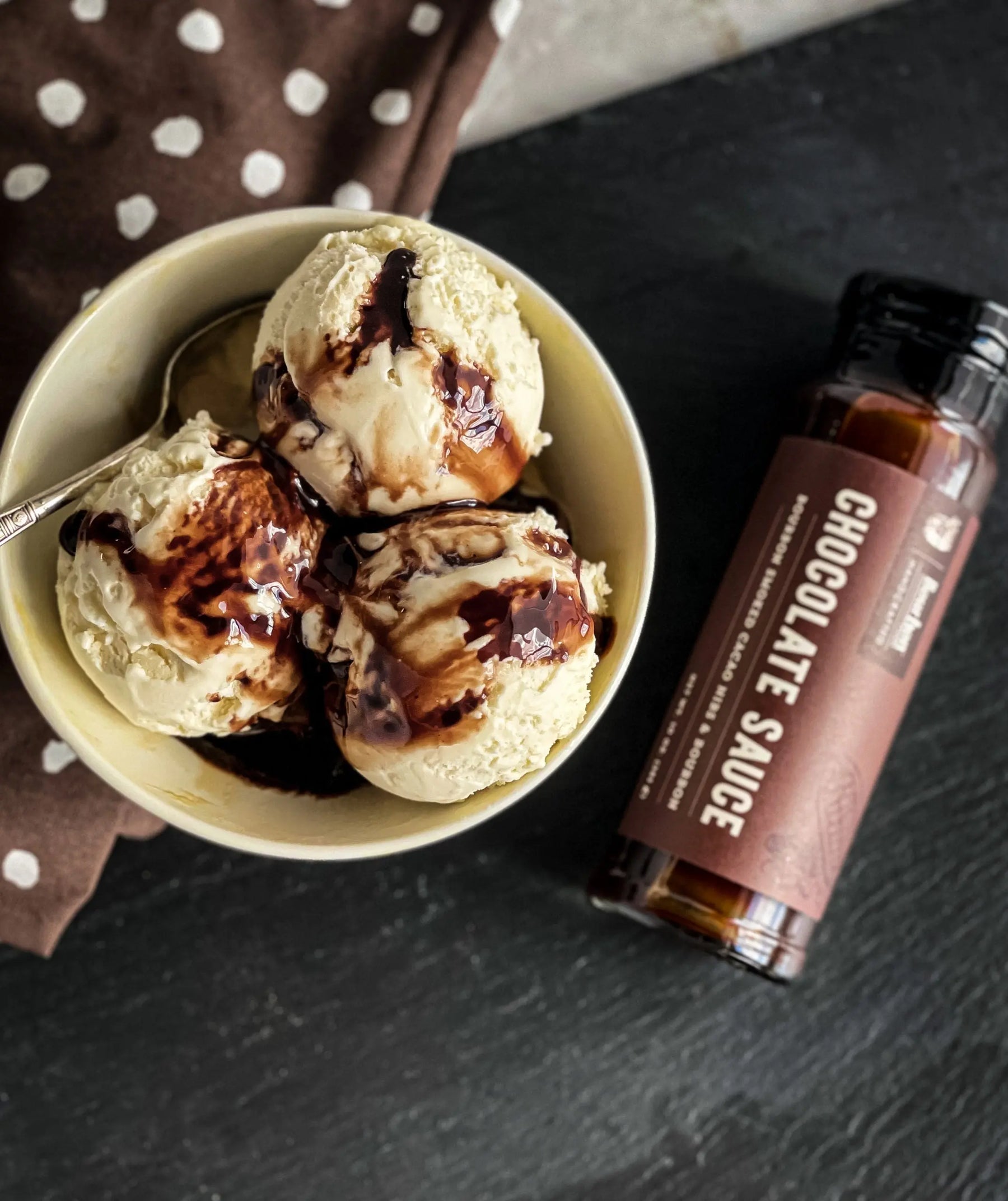 Bourbon Barrel Foods chocolate sauce for ice cream, brownies, fruit, and desserts