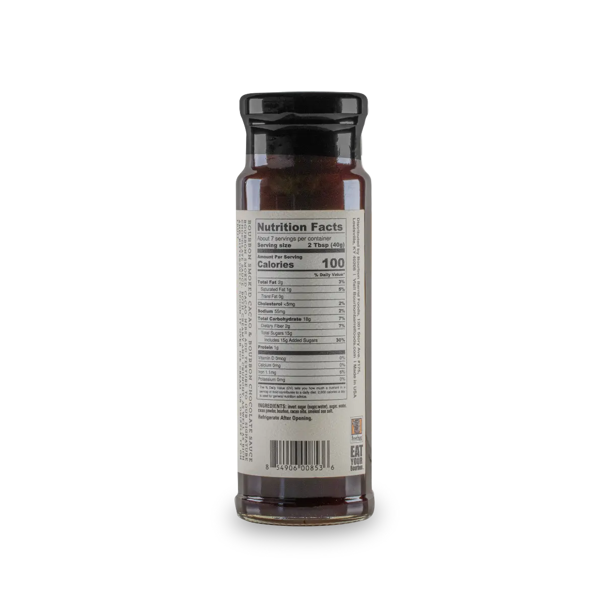 Gourmet chocolate dessert sauce with bourbon smoked cacao nibs and bourbon