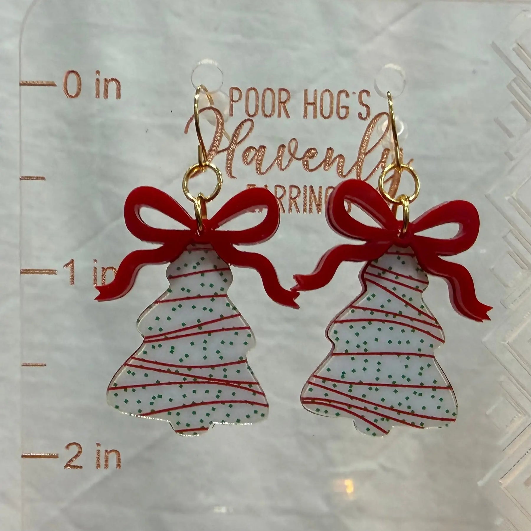 Christmas Tree Cake Earrings with Red Bows - Handmade Holiday Jewelry