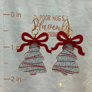 Christmas Tree Cake Earrings with Red Bows - Handmade Holiday Jewelry