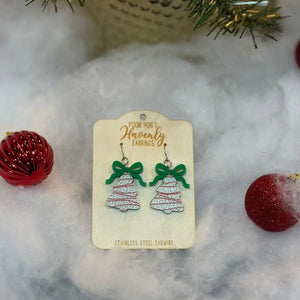 Christmas Tree Cake Earrings with Red Bows - Handmade Acrylic Holiday Jewelry by Poor Hog's Havenly Earrings