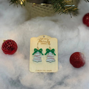 Christmas Tree Cake Earrings: Holiday Acrylic Jewelry by Main Street Collective. Green Bows. Handmade Poor Hog's Earrings.