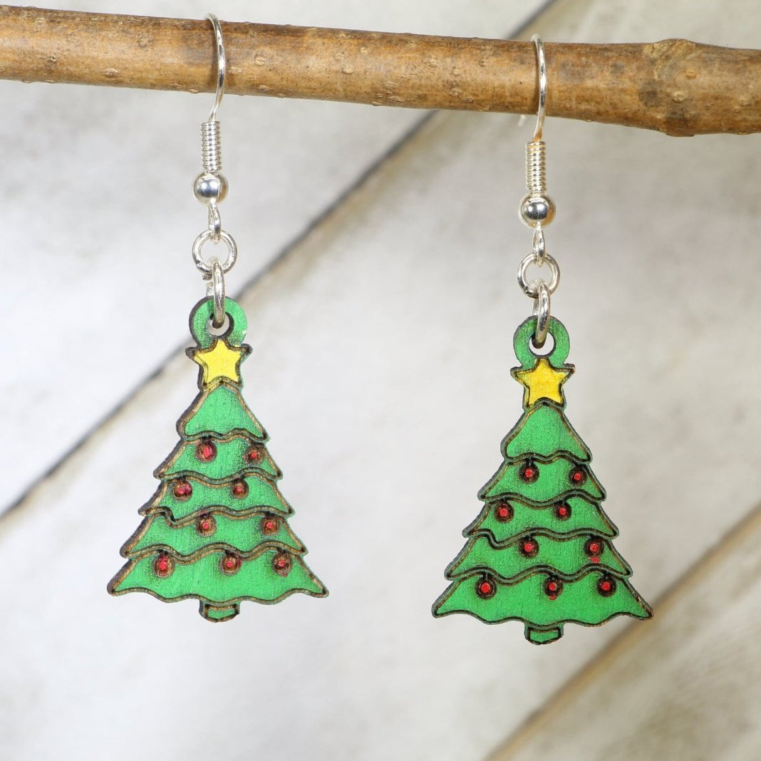 Christmas Tree Wooden Dangle Earrings | Holiday Jewelry
