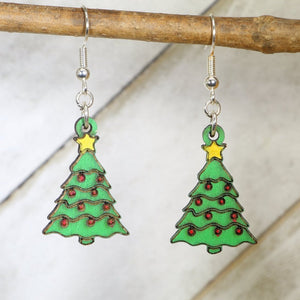 Christmas Tree Wooden Dangle Earrings | Holiday Jewelry