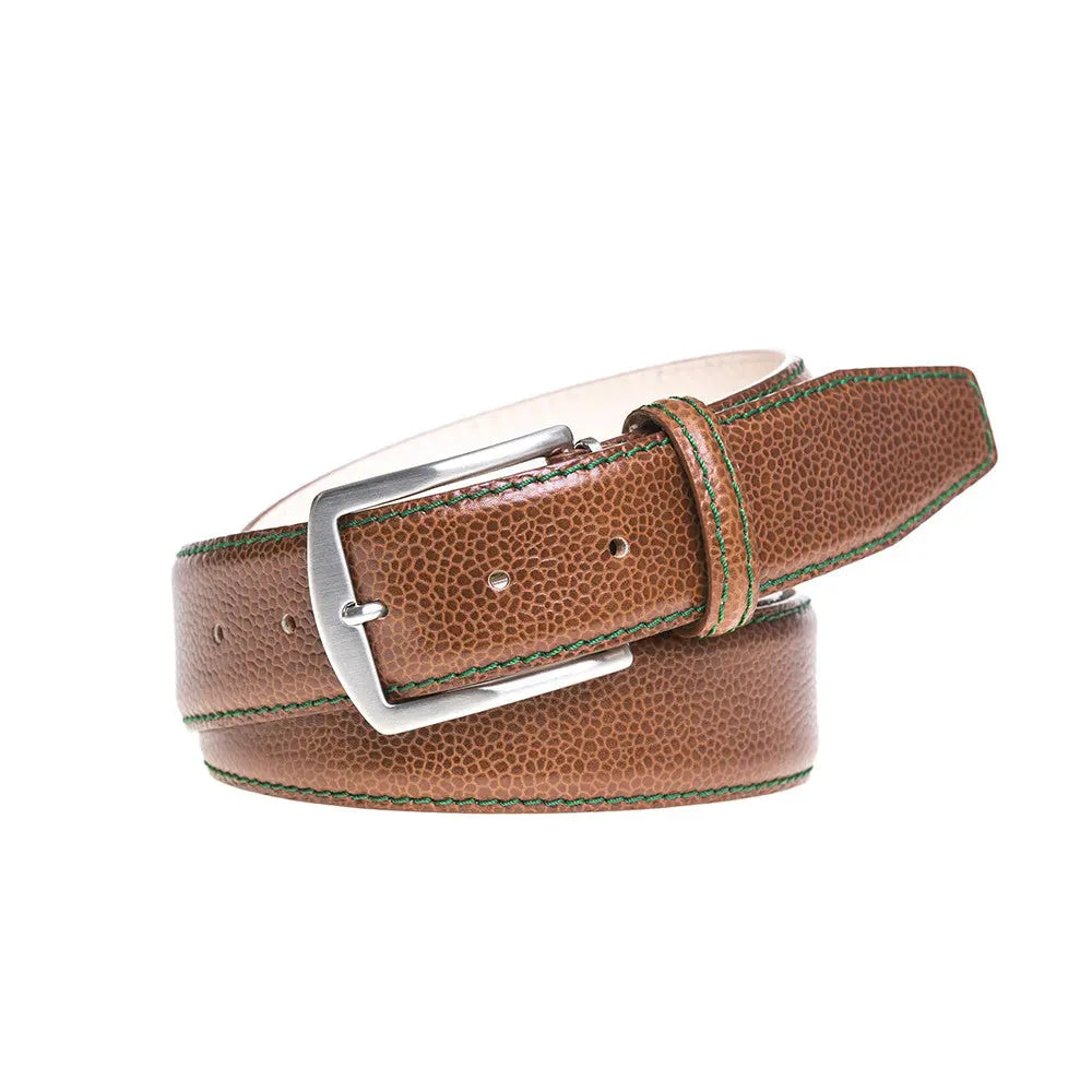Cognac French pebble grain belt showing handmade craftsmanship