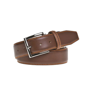 Cognac Italian calf belt showing handmade leather craftsmanship