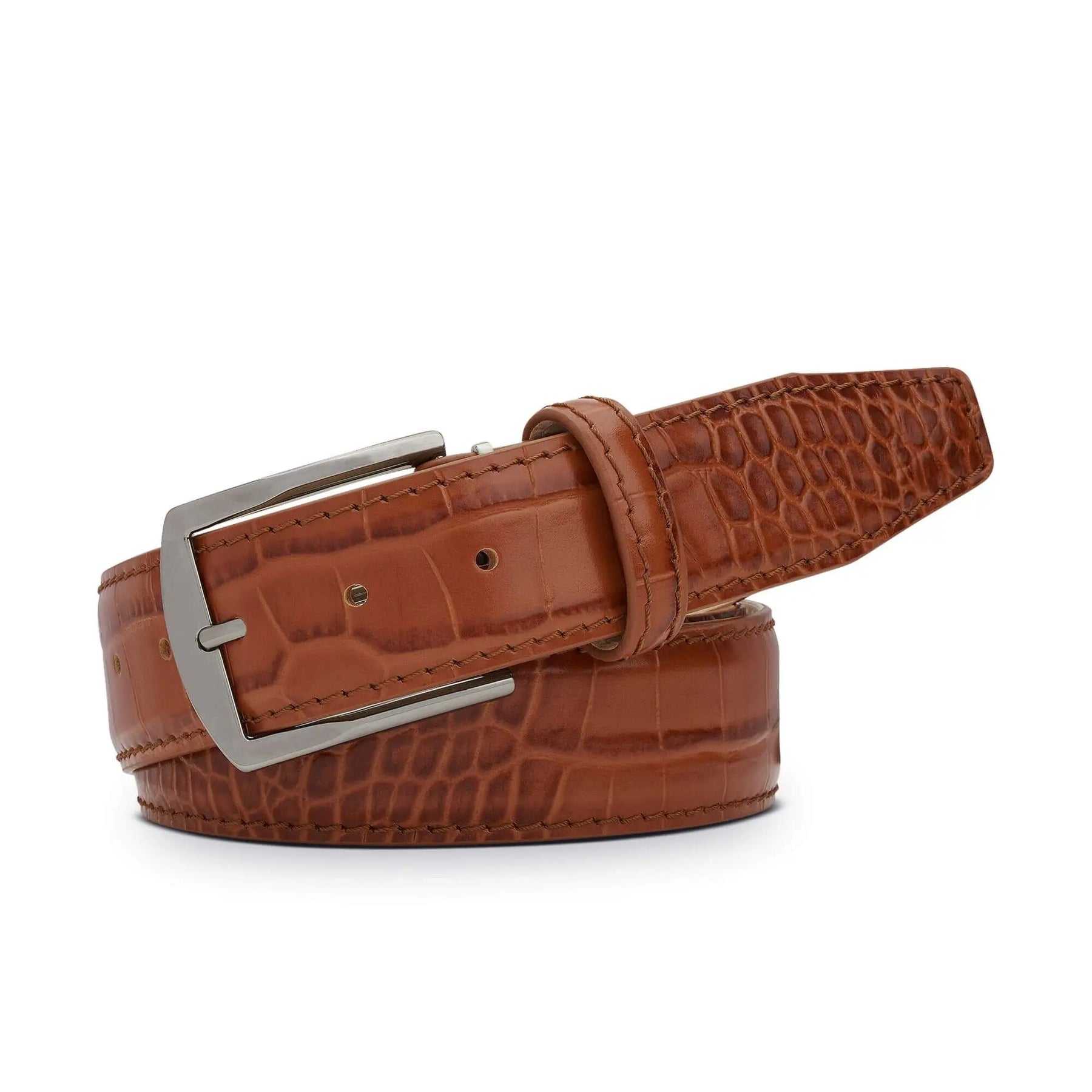 Close up of cognac mock croc leather belt texture and stitching