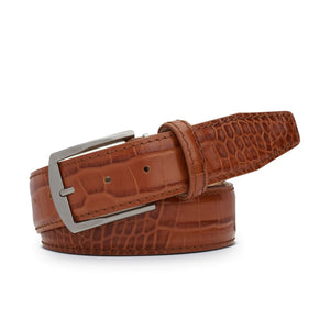 Close up of cognac mock croc leather belt texture and stitching