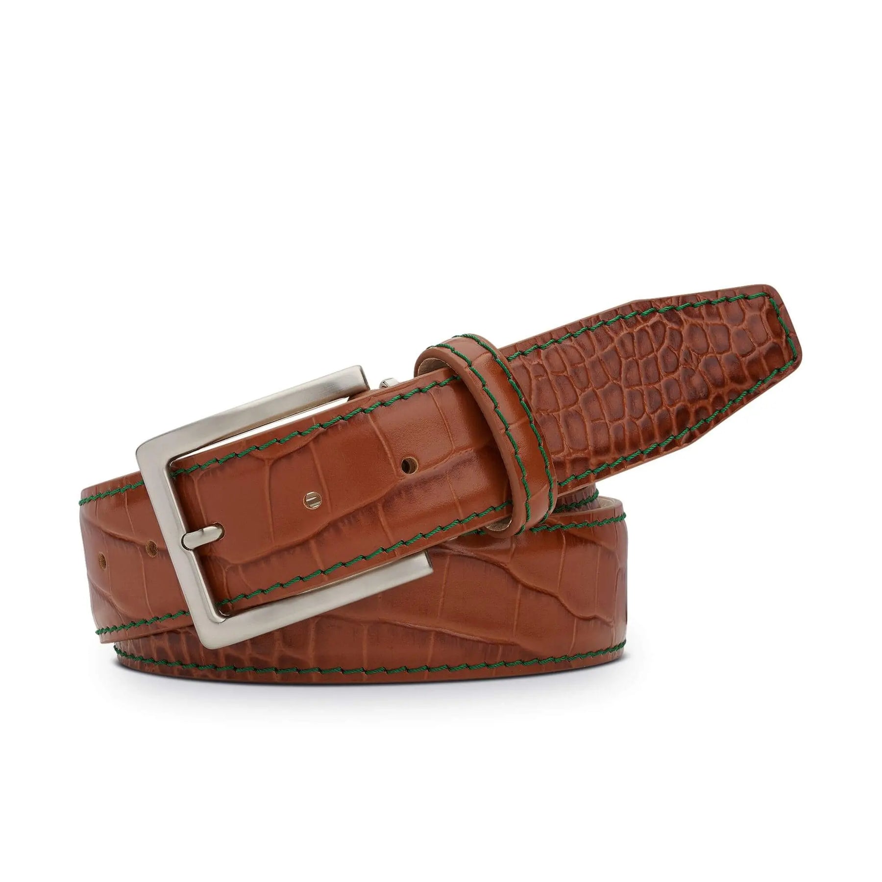 Cognac mock croc belt showing handmade leather craftsmanship