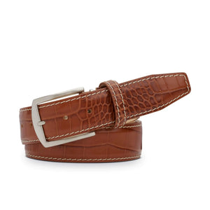 Cognac leather belt with mock croc texture by Roger Ximenez