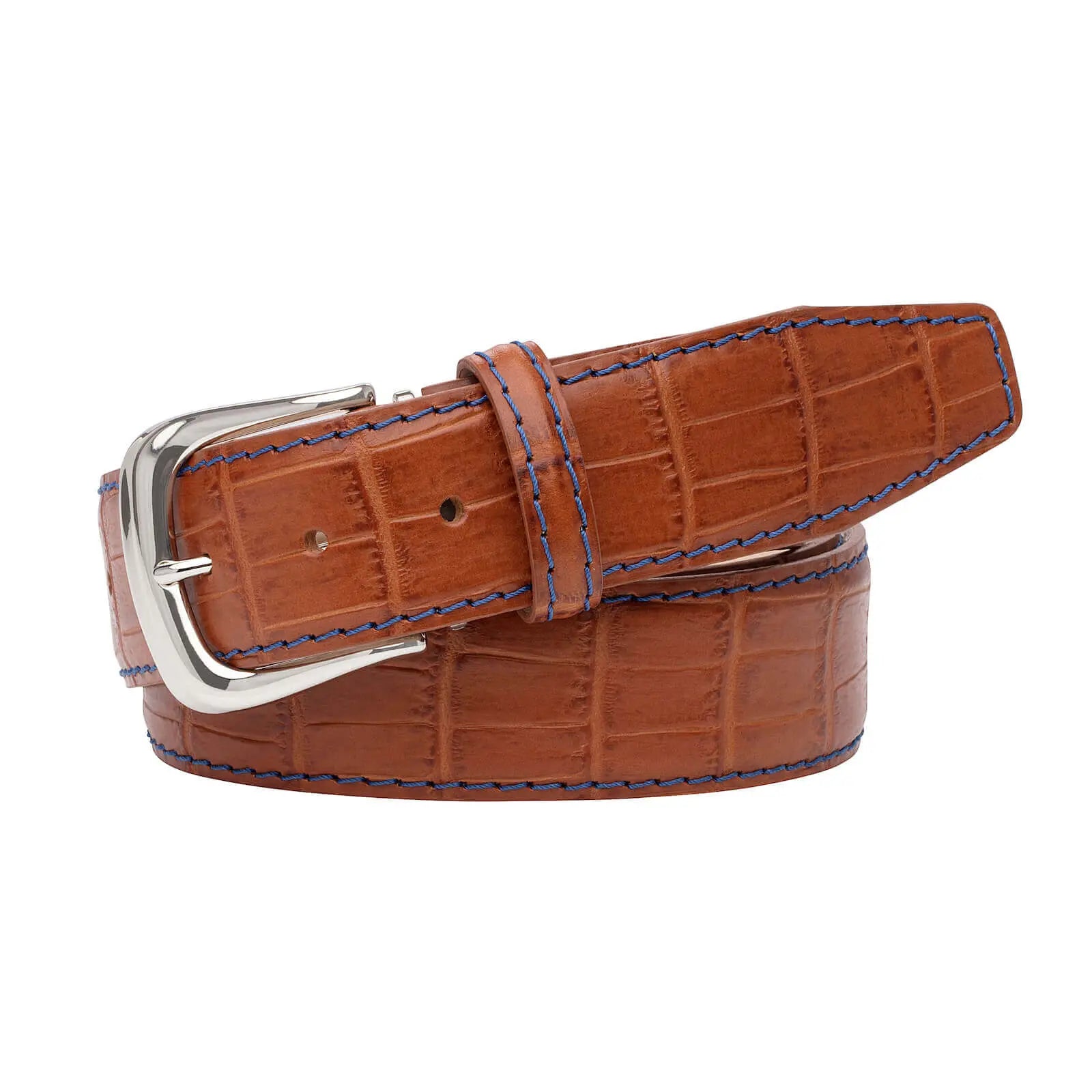 Close up of cognac mock gator leather belt texture