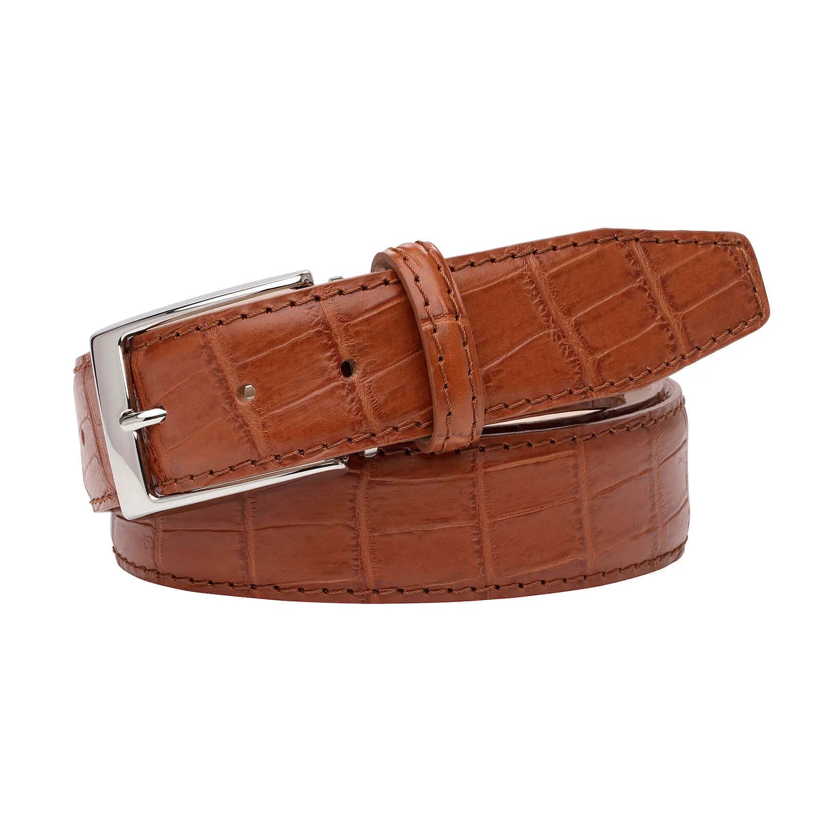 Cognac mock gator belt showing handmade leather craftsmanship