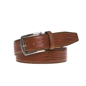 Close up of cognac mock lizard leather belt texture
