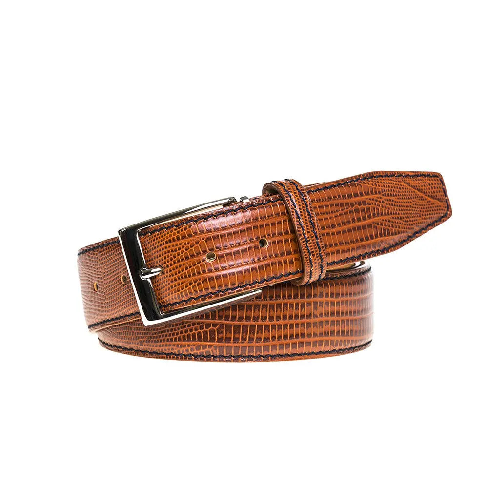 Roger Ximenez cognac custom leather belt with mock lizard finish