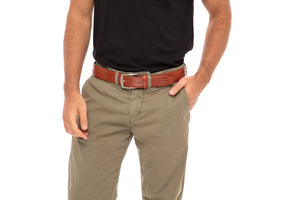 Cognac mock lizard leather belt with custom stitching