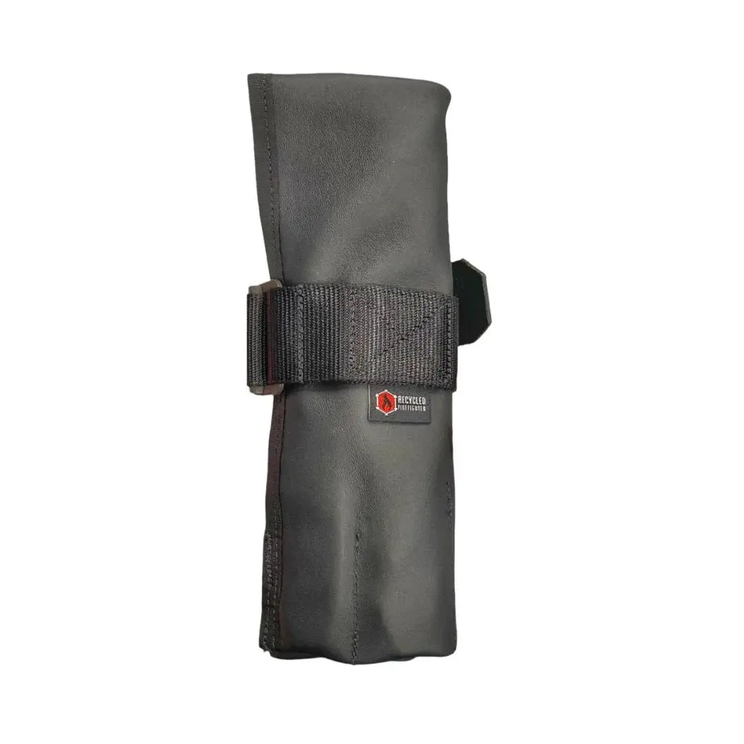 Black recycled leather tool roll with buckle and 'Recycled Firefighter' logo patch