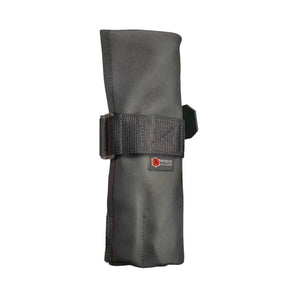 Black recycled leather tool roll with buckle and 'Recycled Firefighter' logo patch