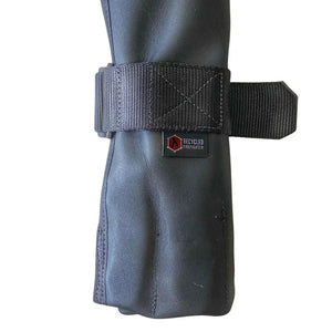 Black leather tool roll with adjustable strap and 'Recycled Firefighter' logo