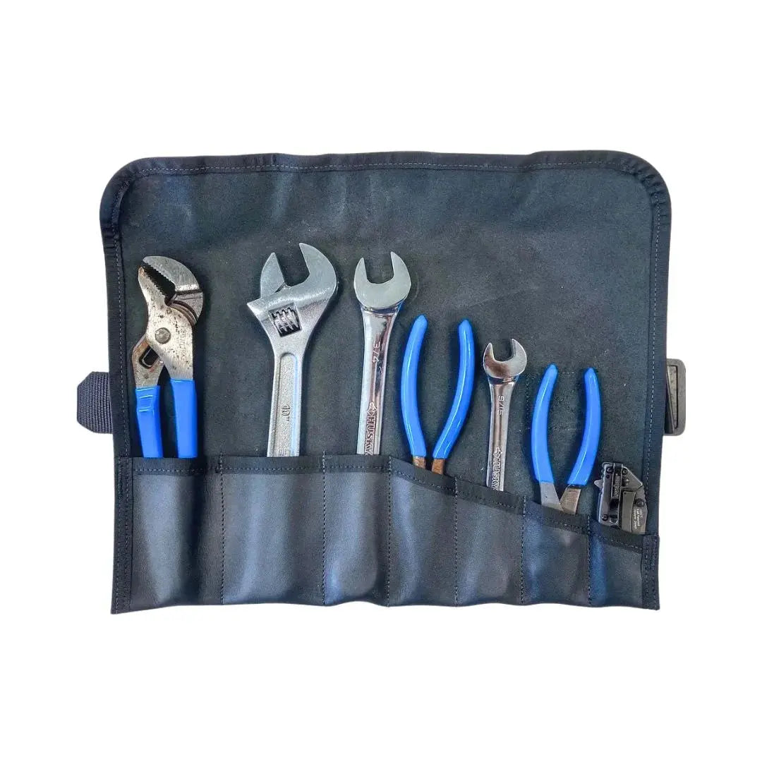 Leather tool roll with adjustable wrenches and pliers
