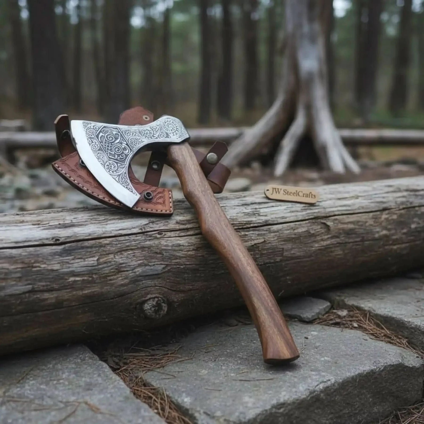 Damascus steel axe head with leather handle on rustic wood surface
