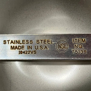 Close-up of the stainless steel compost bin metal label showing 'Stainless Steel, Made in U.S.A., Item No. 75139, and NSF mark'