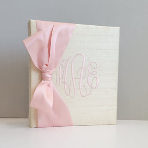 Cream silk handmade baby memory book with satin bow by AP Creations