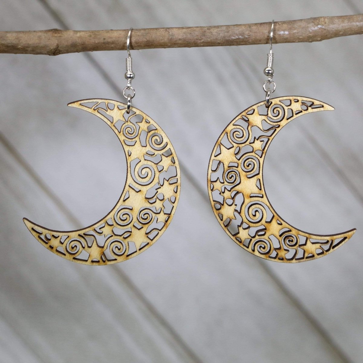 Crescent Moon Wooden Dangle Earrings | Celestial Filigree Jewelry