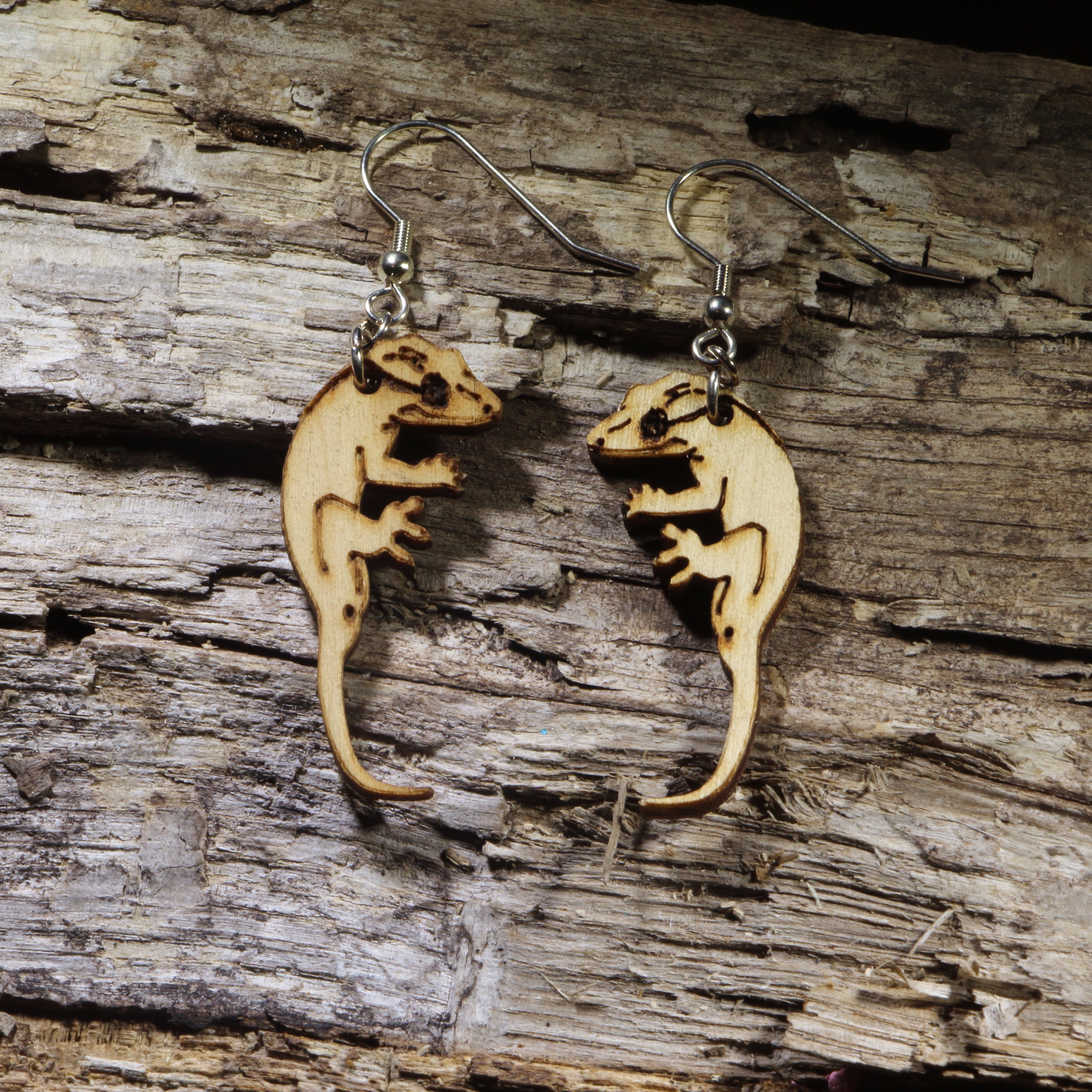 Crested Gecko Wooden Dangle Earrings | Realistic Lizard Jewelry
