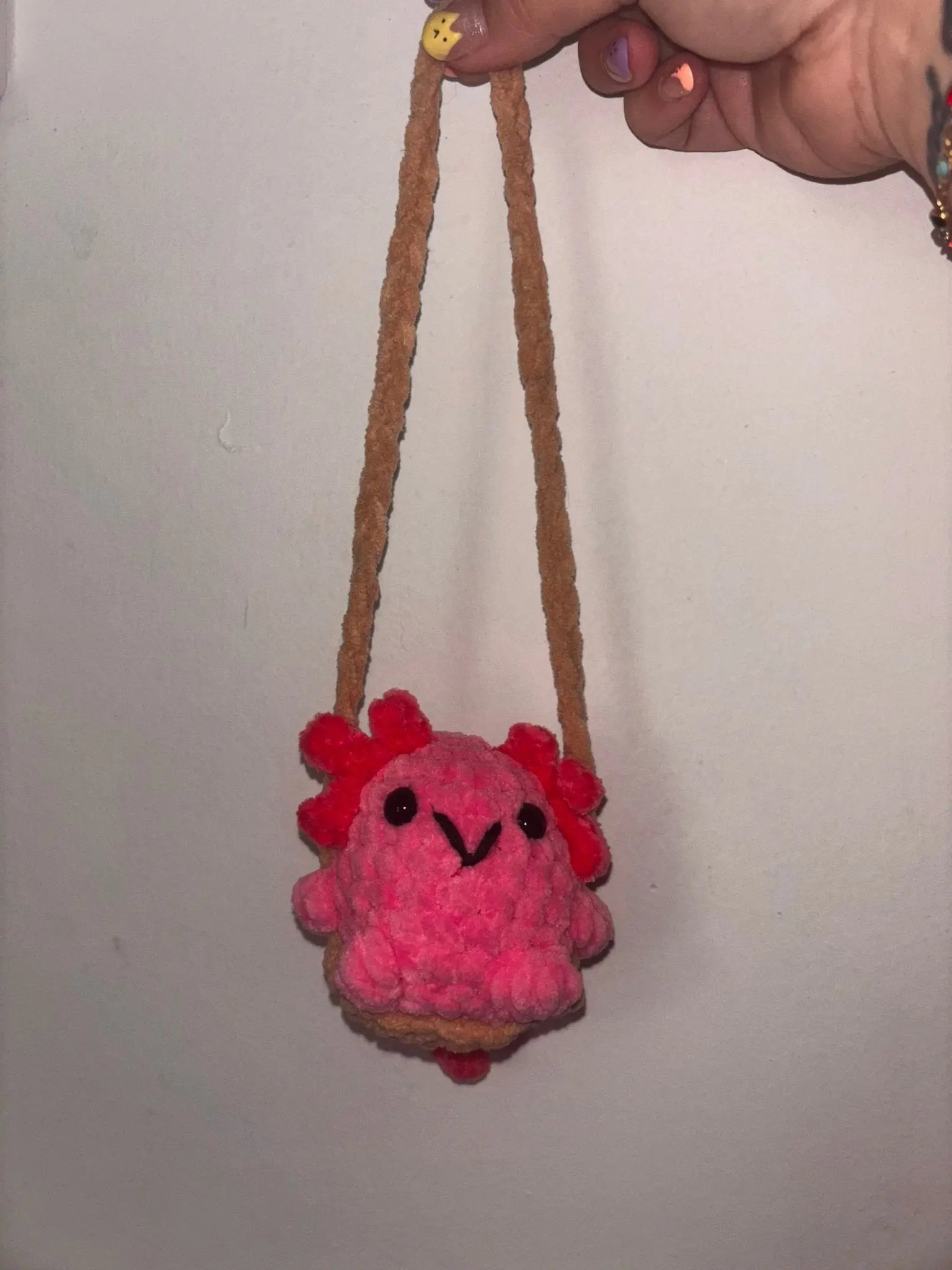 Crocheted Axolotl Car Swing: Pink Handmade Charm for Rearview Mirror - Cute Car Accessory by Main Street Collective.
