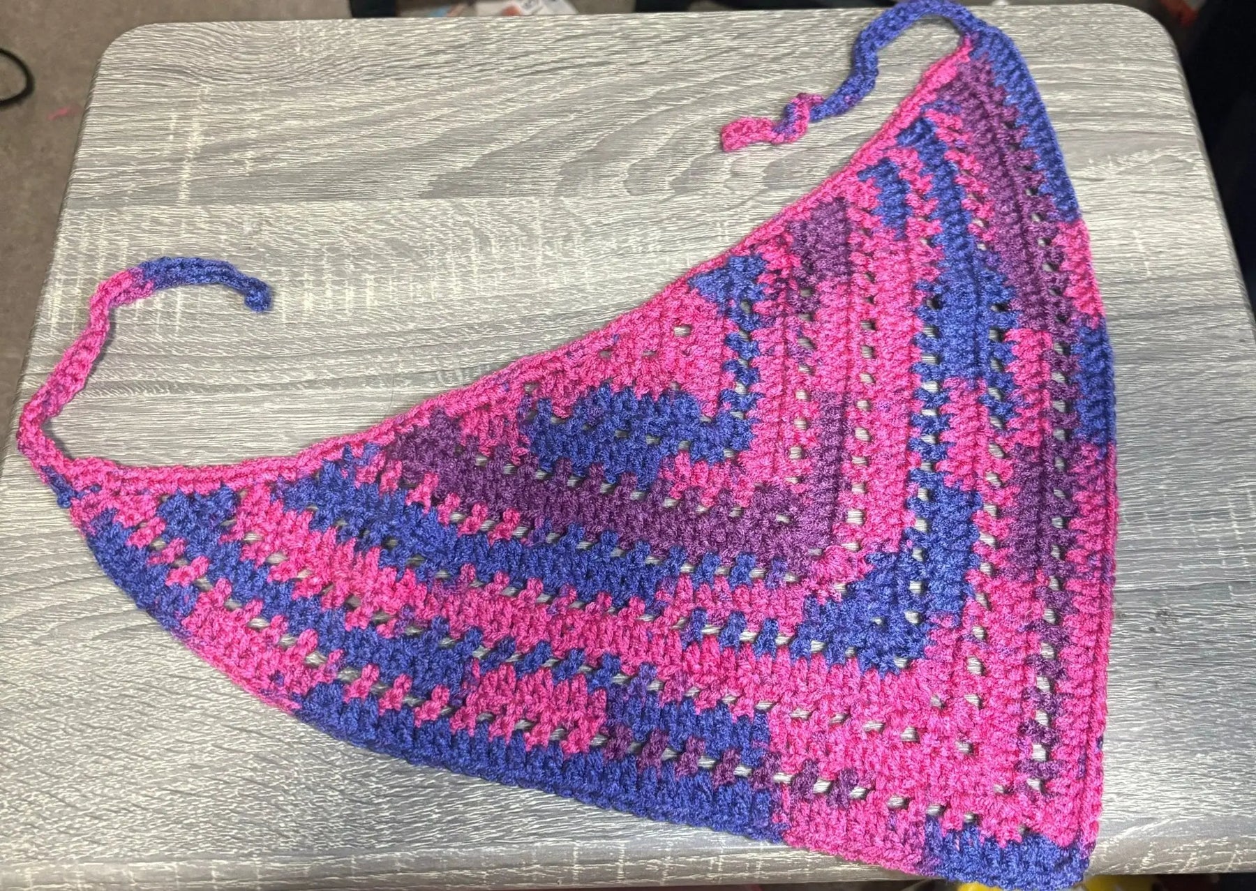 Handmade crocheted bandana: Pink, purple, and blue pride colors, crocheted bandana, queer fashion.