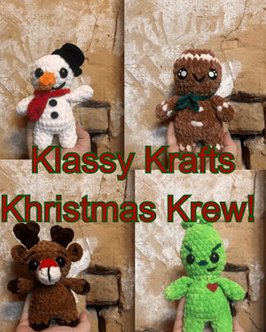 Crocheted Christmas Set Featuring: Gingerbread man, Reindeer, Mr. Snowman, and Grinch Klassy Krafts