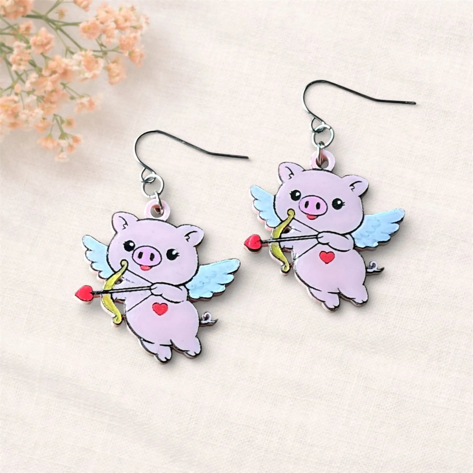 Cupid Pig Earrings - Valentine's Day Jewelry, Pig Earrings, Handmade Acrylic Earrings by Poor Hog Customs