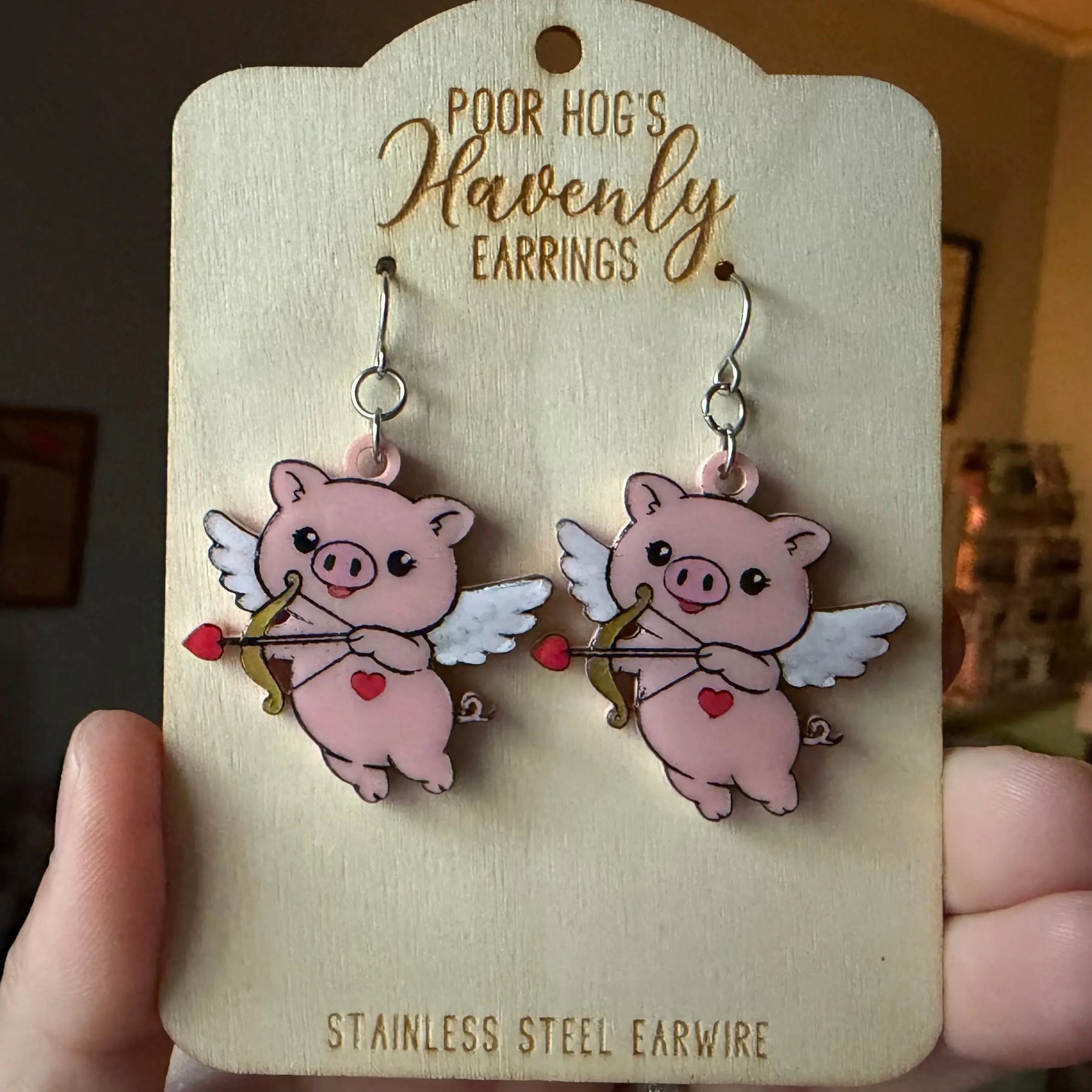 Cupid Pig Earrings: Valentine's Day Handmade Acrylic Pig Earrings by Poor Hog Customs - Cute Animal Jewelry