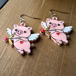 Cupid Pig Earrings Valentine's Day Handmade Acrylic Jewelry Hand-painted Gift for Pig Lovers