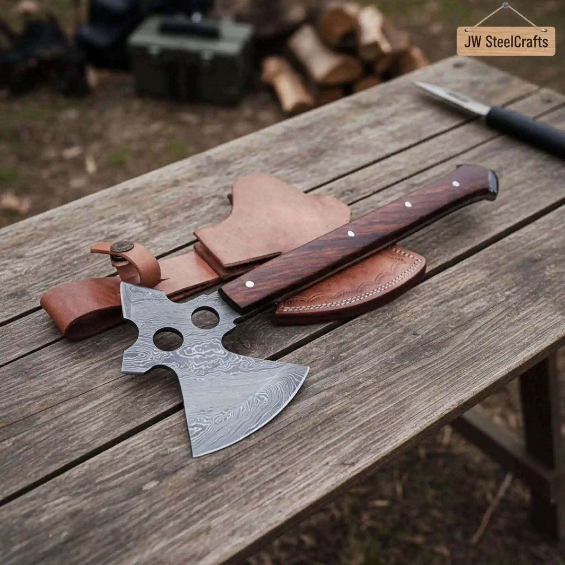 Damascus steel axe head with wood handle on rustic wood surface
