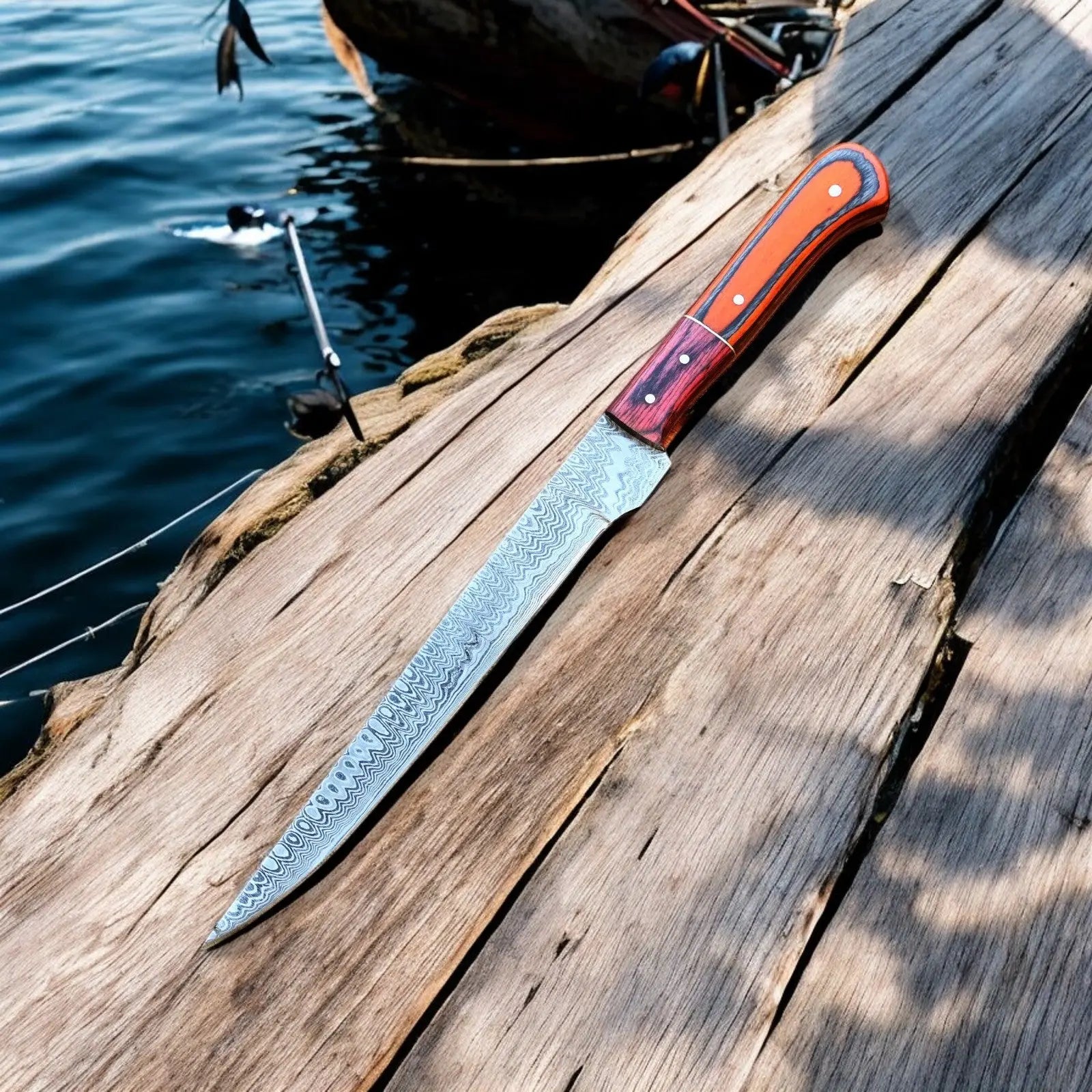 Custom Handmade Damascus Fillet Knife – 12" Exotic Wood by Damascus Knife Store, Damascus knife main product photo