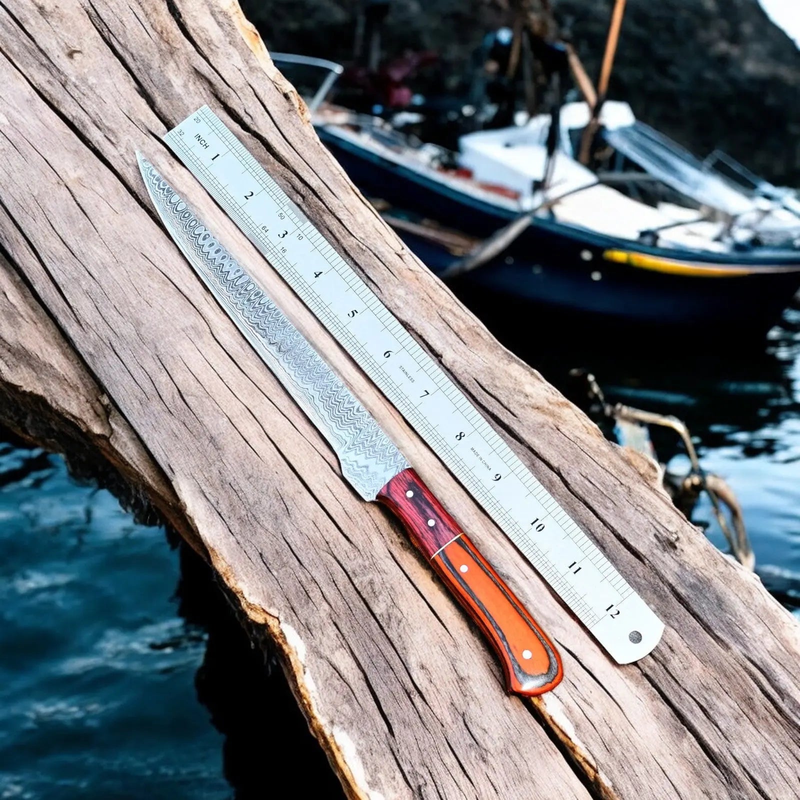 Custom Handmade Damascus Fillet Knife – 12" Exotic Wood by Damascus Knife Store, Damascus knife detail photo 2