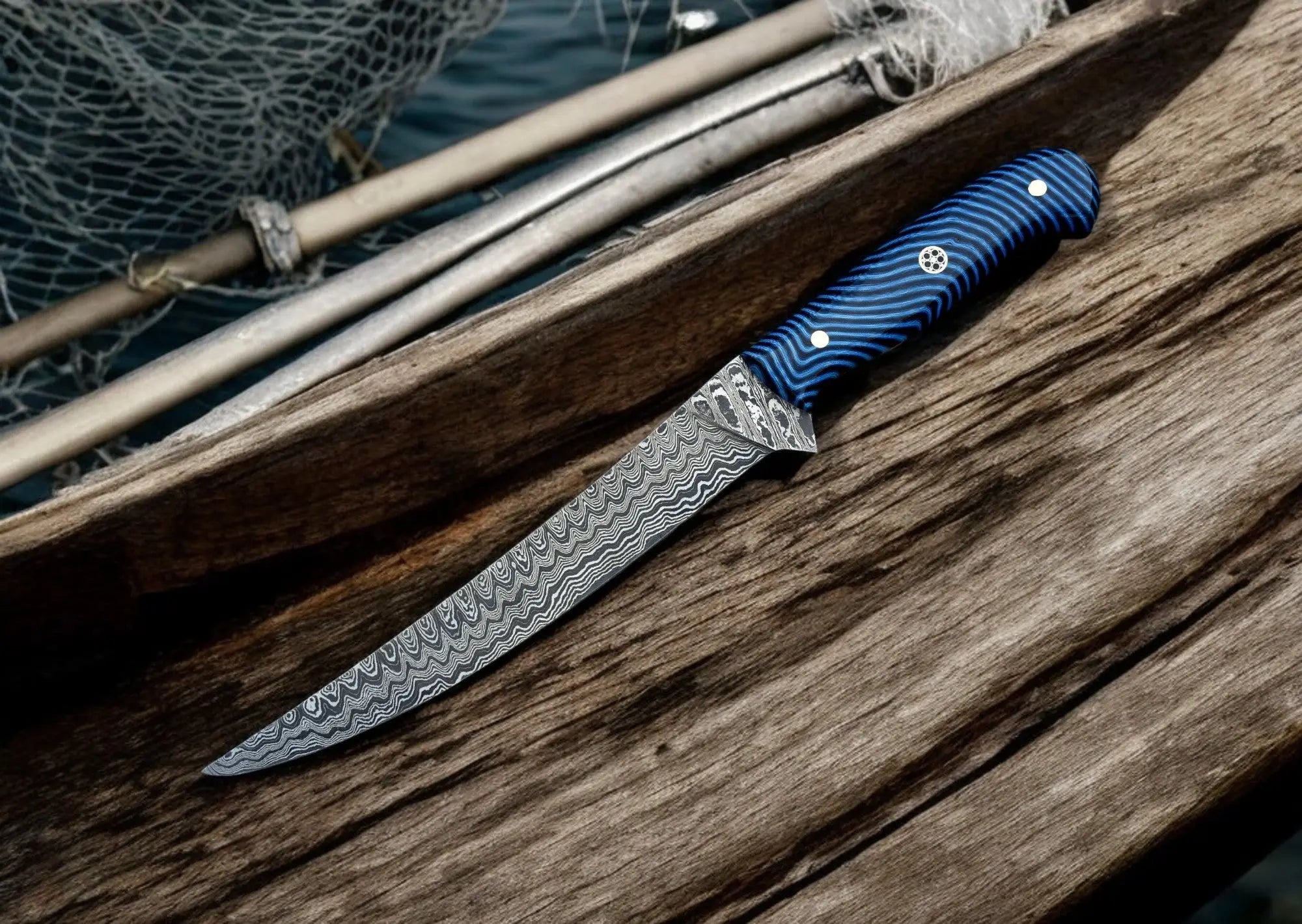 Custom Handmade Damascus Fillet Knife – 8" Blade, Resin Handle by Damascus Knife Store, Damascus knife main product photo
