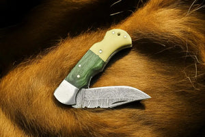 Custom Handmade Damascus Pocket Knife – Bone & Wood Handle Damascus Knife Store