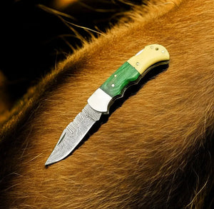 Custom Handmade Damascus Pocket Knife – Bone & Wood Handle Damascus Knife Store
