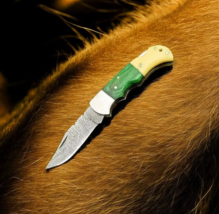 Custom Handmade Damascus Pocket Knife – Bone & Wood Handle Damascus Knife Store