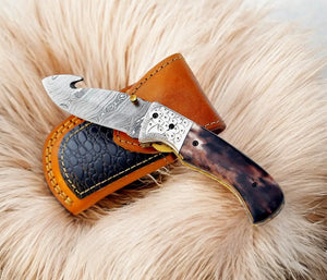 Custom Handmade Damascus Pocket Knife – Colored Bone Handle Damascus Knife Store