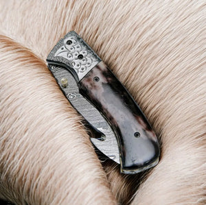 Custom Handmade Damascus Pocket Knife – Colored Bone Handle Damascus Knife Store