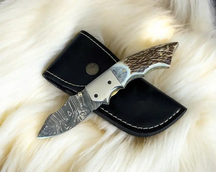 Custom Handmade Damascus Pocket Knife – Stag Horn Handle Damascus Knife Store